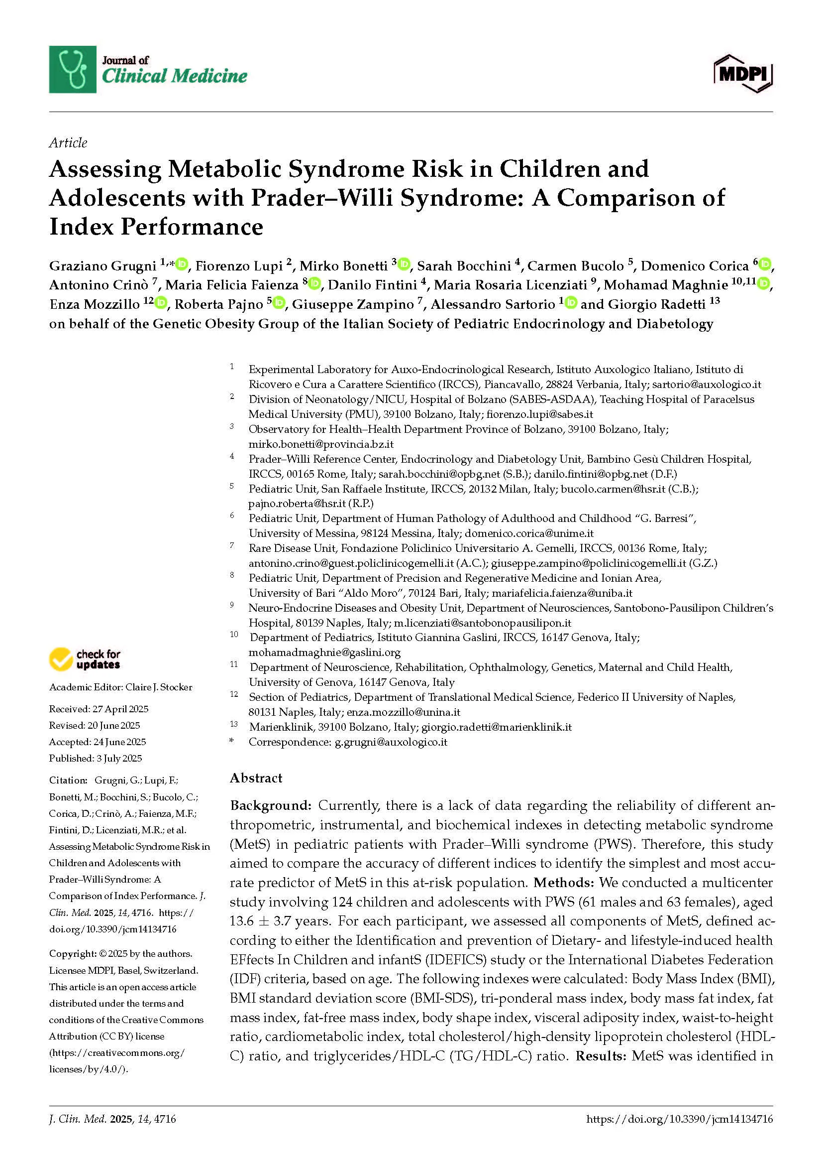 Assessing Metabolic Syndrome Risk in Children and Adolescents with Prader–Willi Syndrome: A Comparison of Index Performance (anno di pubblicazione 2025)