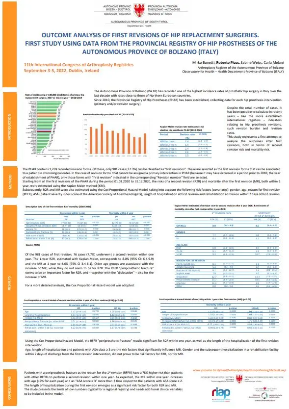 Outcome analysis of first revisions of hip replacement surgeries, International Congress of Arthroplasty, Dublino (Irlanda), 03-06-09.2022