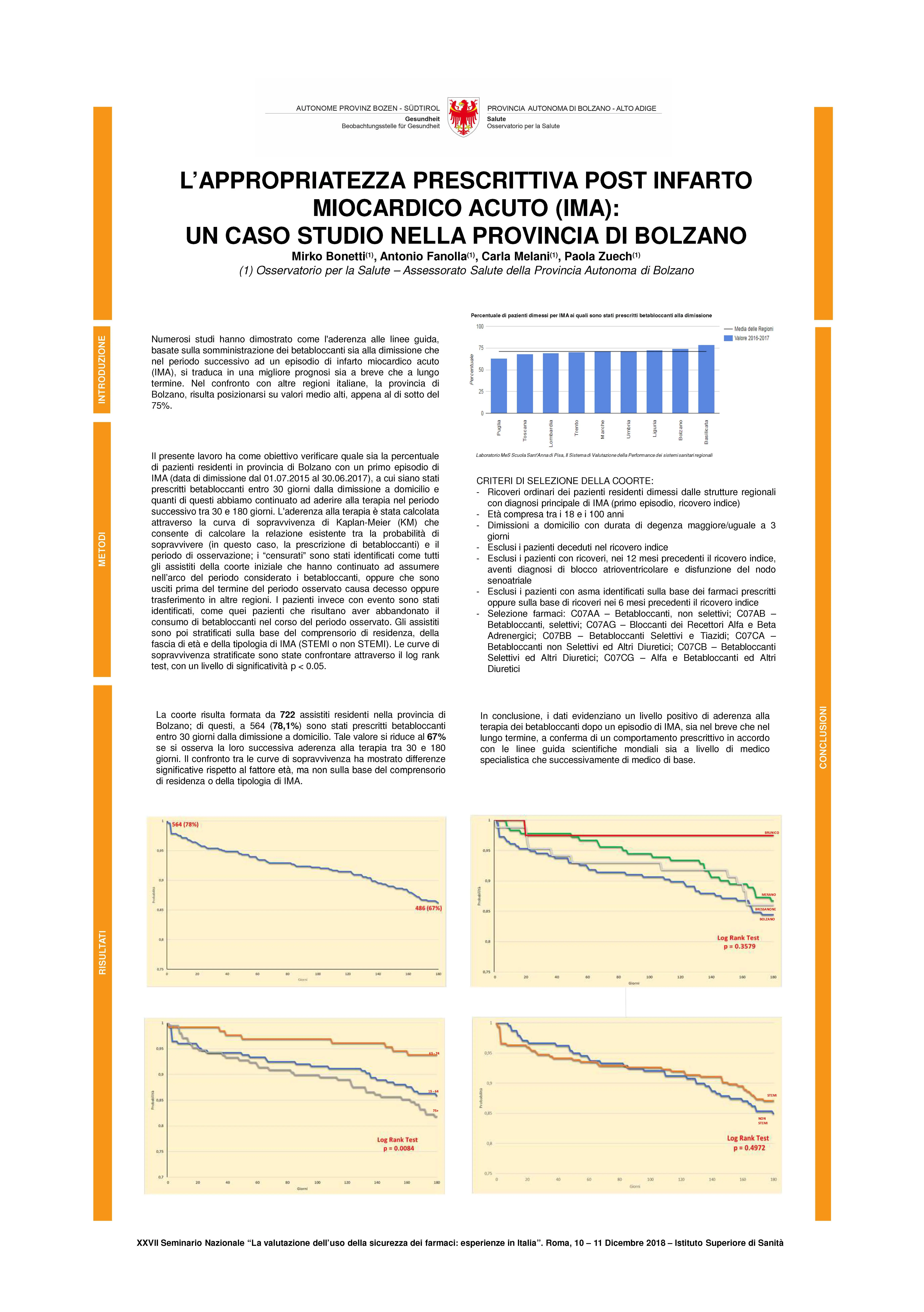 L’appropriatezza prescrittiva post infarto miocardico acuto (IMA): un caso studio nella provincia di Bolzano, Istituto Superiore di Sanità (ISS), Roma (Italia), 10-11.12.2018