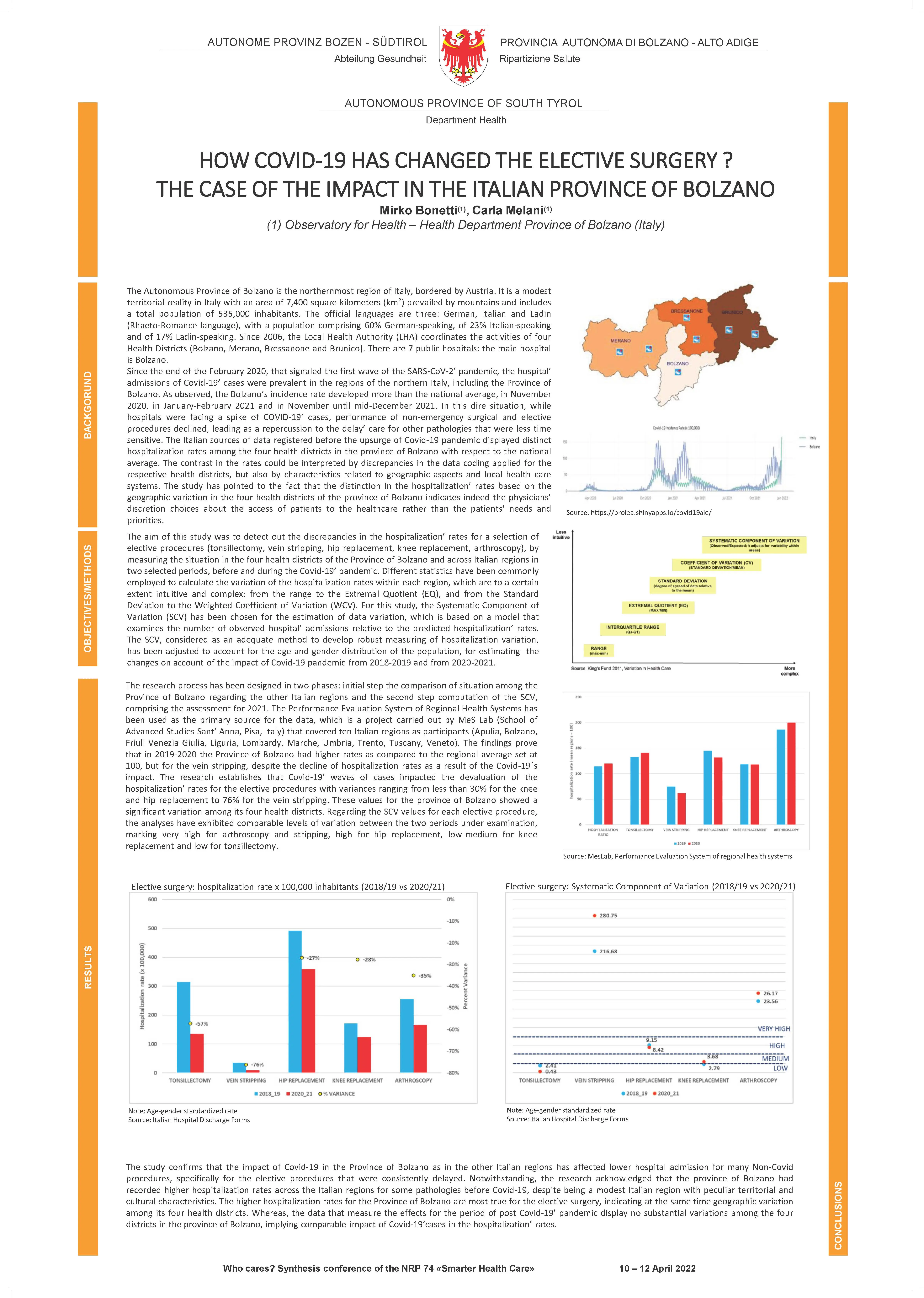 How Covid-19 has changed the elective surgery? The case of impact in the Italian Province of Bolzano, Wennberg International Collaborative (WIC), Lucerna (Svizzera), 10-12.04.2022