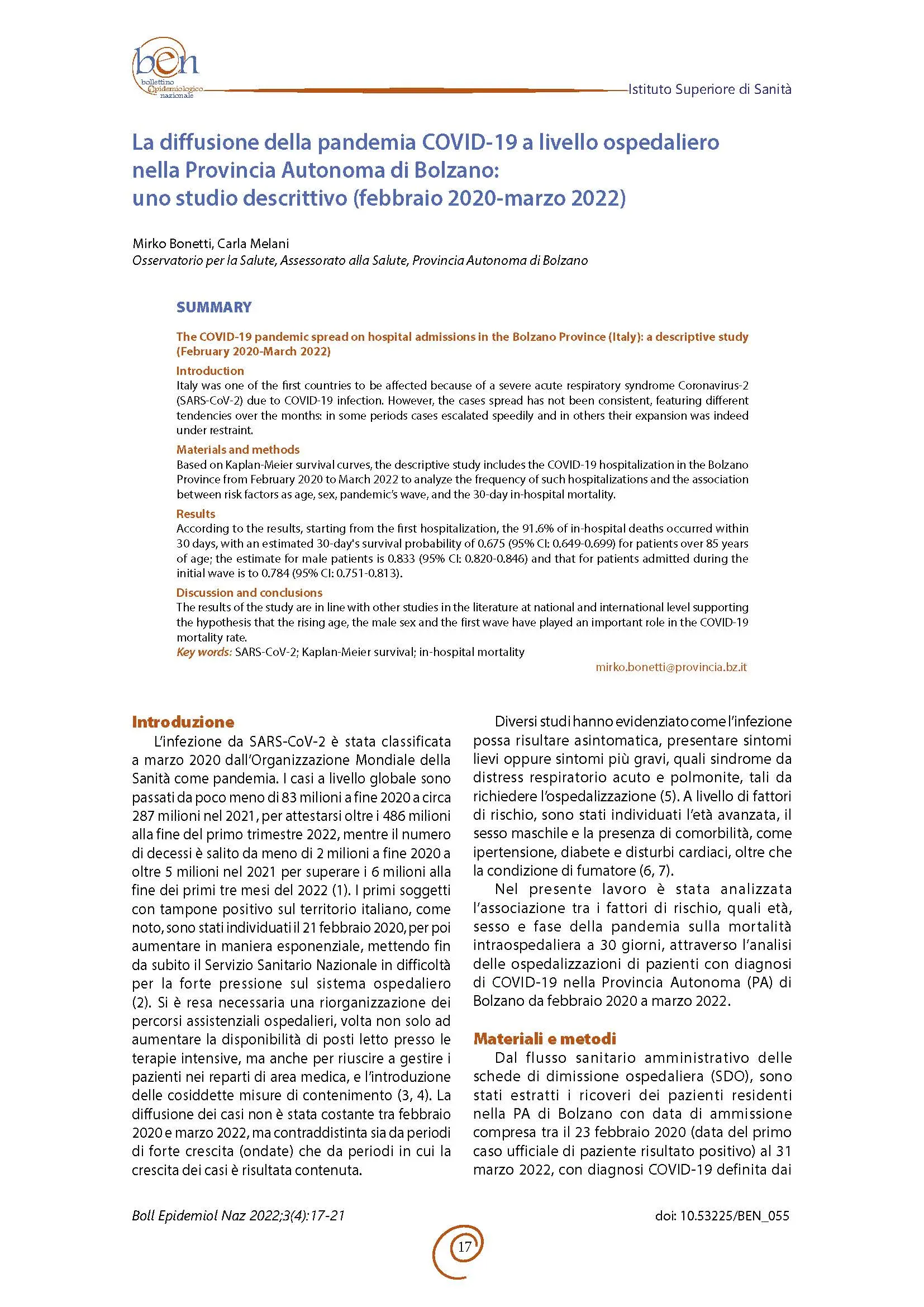 La diffusione della pandemia COVID-19 a livello ospedaliero nella Provincia Autonoma di Bolzano: uno studio descrittivo (febbraio 2020-marzo 2022) (anno di pubblicazione 2023)