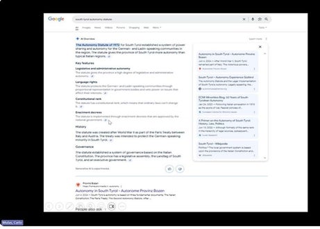Google AI Overview: Analyse der Art und Weise, wie Suchergebnisse präsentiert werden. Unter den Quellen, die englische Seite über optimierte Autonomie.