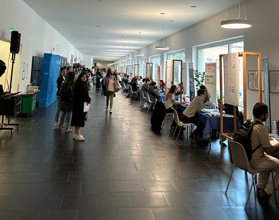 Studierende sowie Absolventinnen und Absolventen im Gespräch mit Unternehmensvertreterinnen und -vertretern beim von der unibz organisierten Job Speed Dating