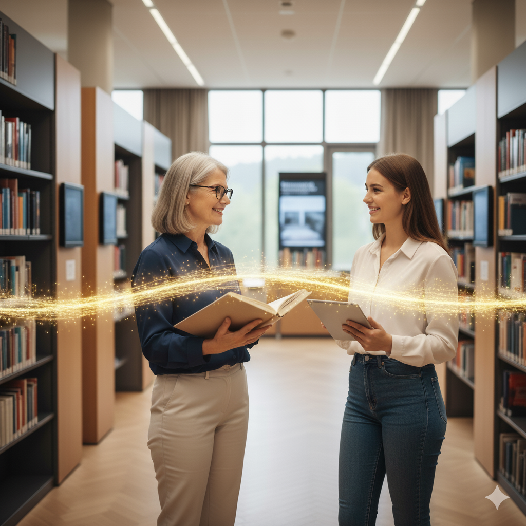 In einem eintägigen Seminar erfahren Interessierte aus dem Bereich Bibliotheken und Weiterbildung mehr darüber, wie der Generationenwechsel und ein damit verbundener Wissenstransfer gelingen kann. (Foto: LPA/Amt für Weiterbildung und Sprachen - generiert mit Gemini)