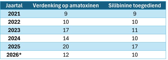 Tabel 1: Aantal patiënten bij wie het NVIC in 2021-2026 een vermoedelijke amatoxinen-vergiftiging registreerde, en het aantal patiënten dat silibinine toegediend kreeg. *Cijfers van 2026 zijn bijgewerkt tot begin oktober.