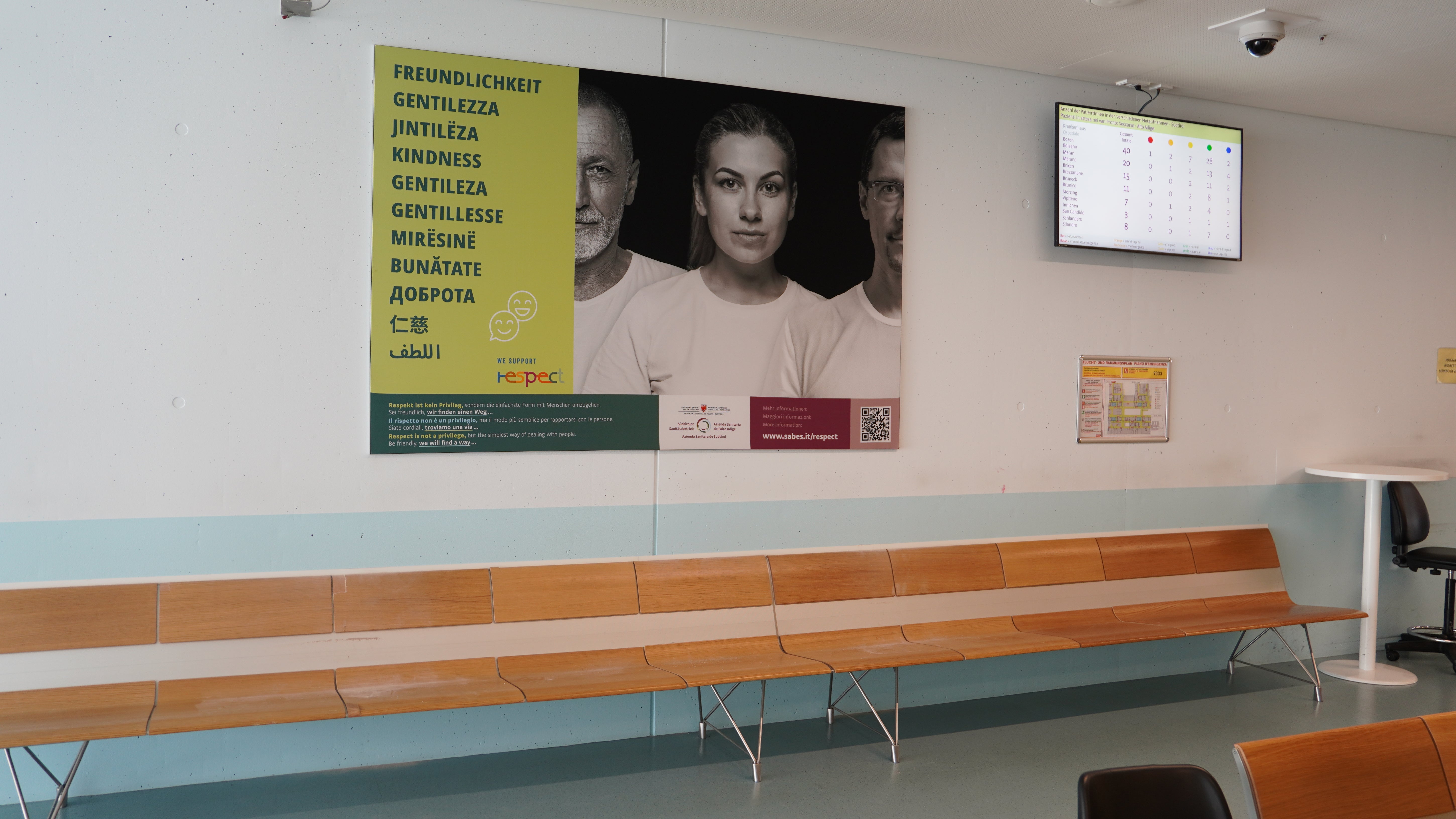 Das Bild mit den drei Kampagnenmotiven, das in der Notaufnahme des Krankenhauses Bozen angebracht worden ist.