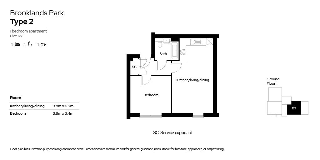 Brooklands Park 1 bed apartments floor plan - plot 127