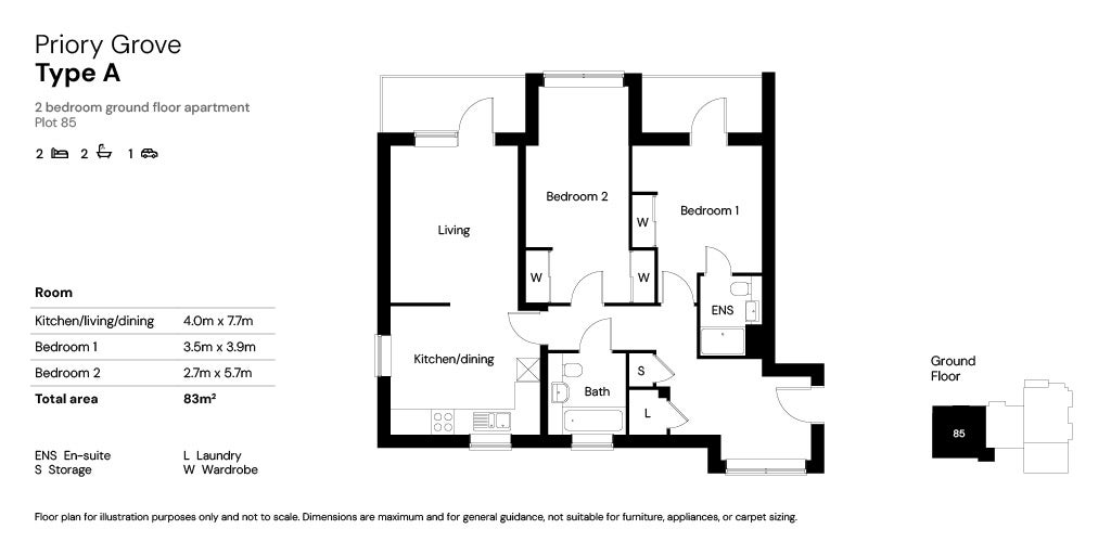 Priory Grove 2 bed floor plans plot 85