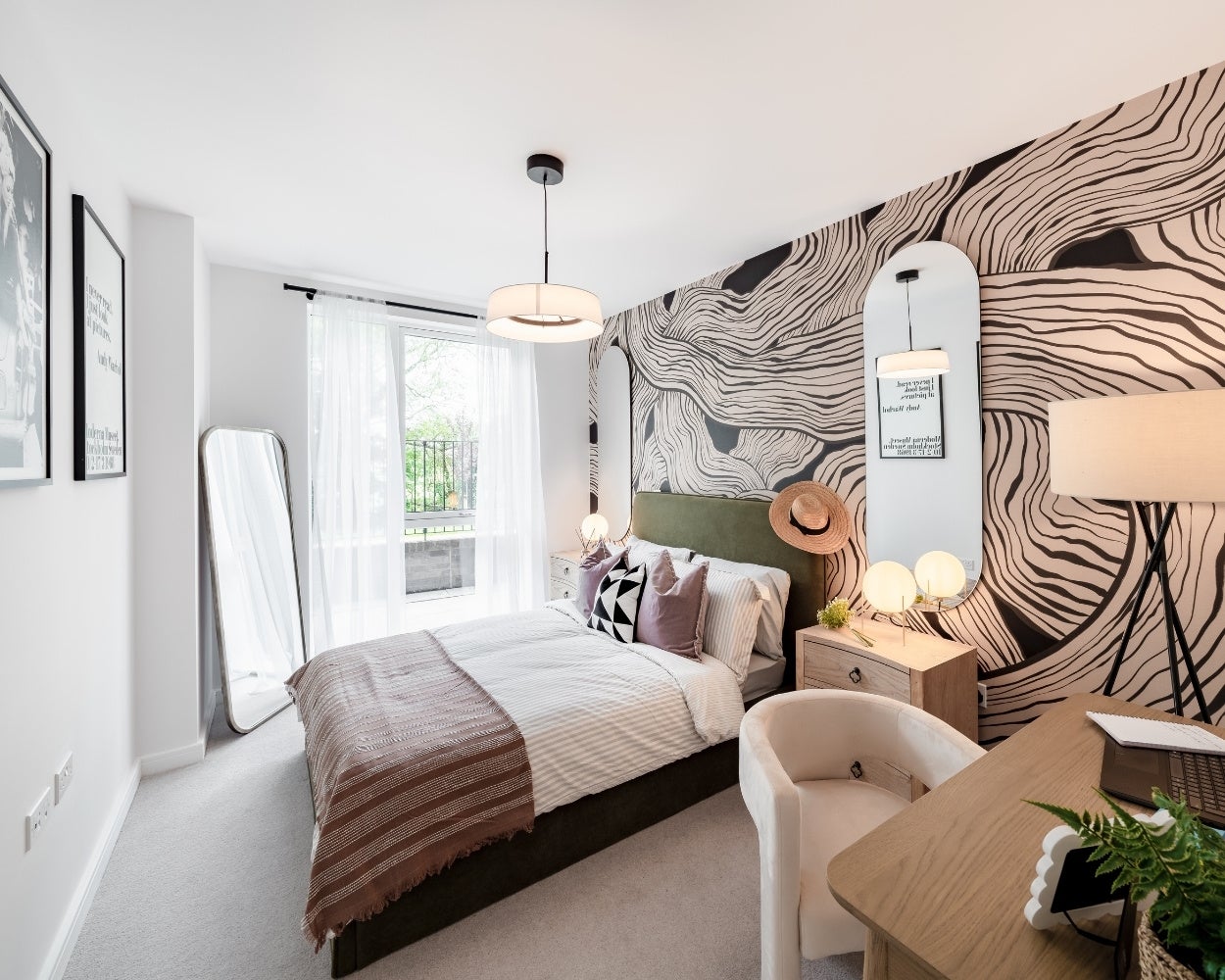 Photo of bedroom with double bed and wallpaper at Northwick Parkside