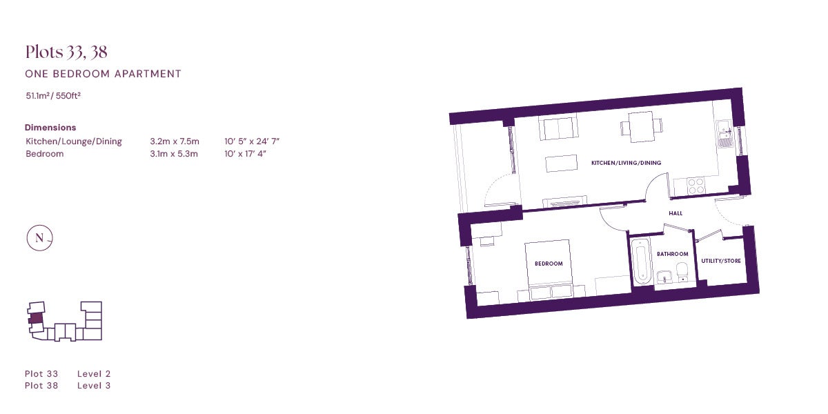 Quartoria One bedroom floor plan (plots 33, 38)