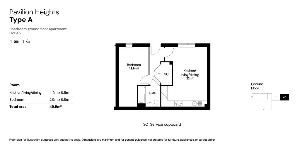 Pavilion Heights 1 bed apartment floor plan