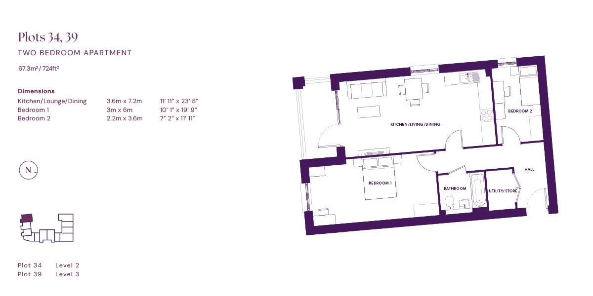 Quartoria two bedroom floor plan (plots 34, 39)