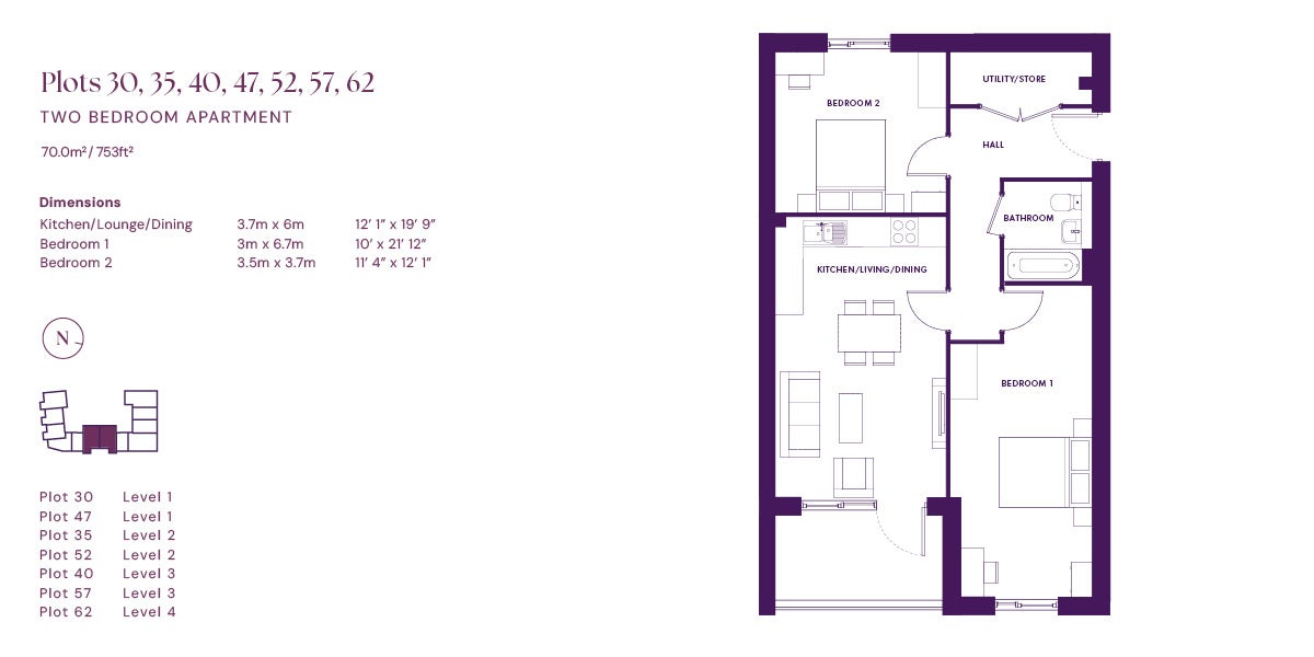 Quartoria two bedroom floor plan (plots 30, 35, 40, 47, 52, 57, 62)