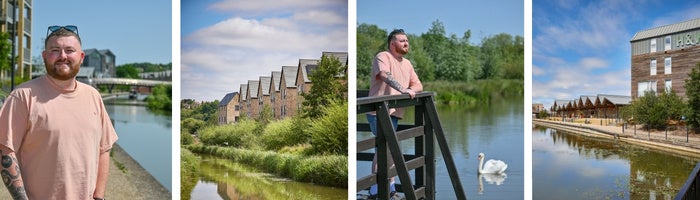 Image collage of Ethan enjoying the canal and pond at the SNG at Wichelstowe development. 