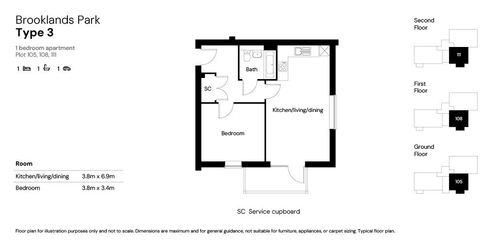 Brooklands Park 1 bed apartments floor plan - plots 105, 108 & 111