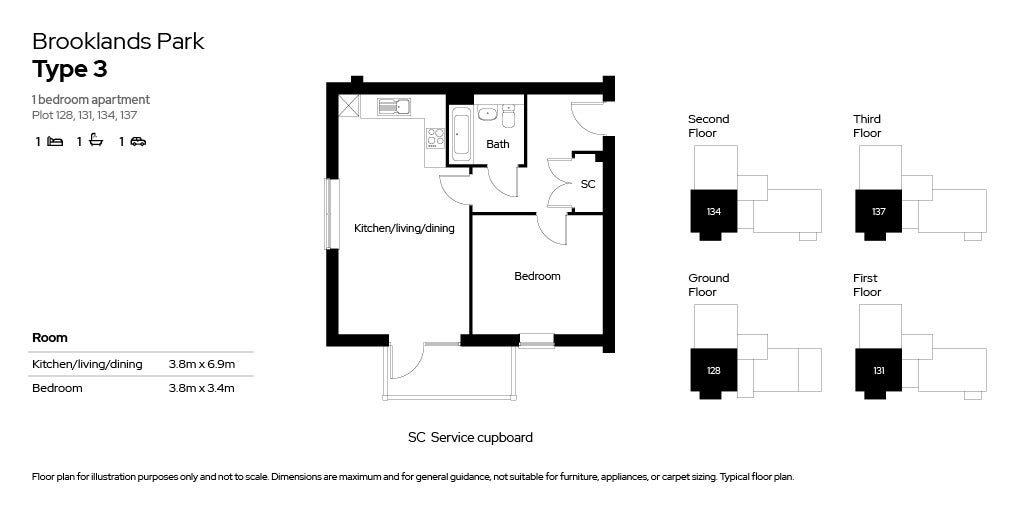 Brooklands Park 1 bed apartments floor plan - plots 128, 131, 134 & 137