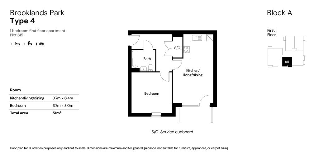 Brooklands Block A (Phase 5) 1 bed Floor plans plot 615