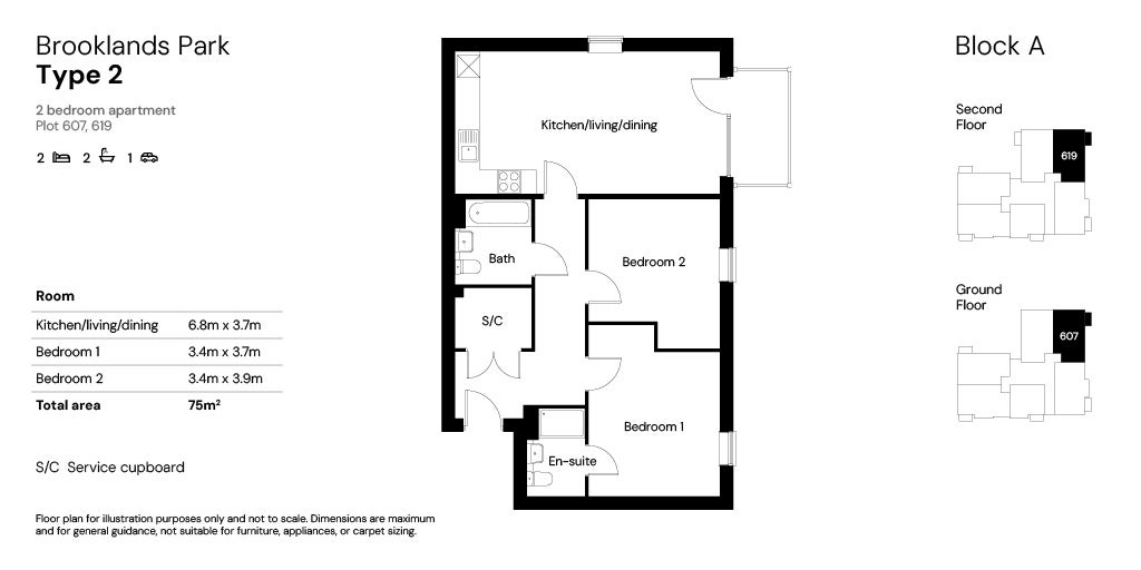 Brooklands Block A (Phase 5) 2 bed Floor plans plot 607 & 619