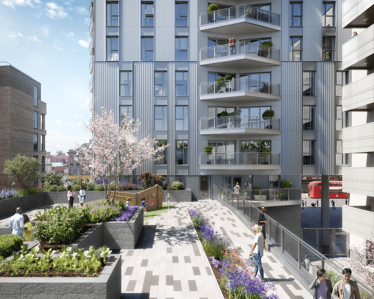 Exterior CGI showing the communal garden area at ICON at Burnt Oak.