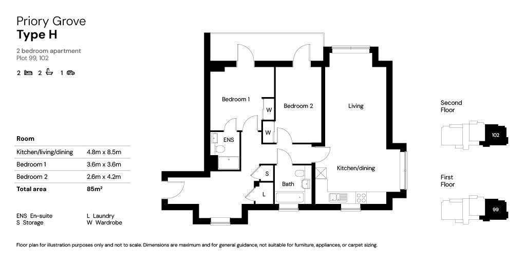 Priory Grove 2 bed floor plans plot 99 & 102