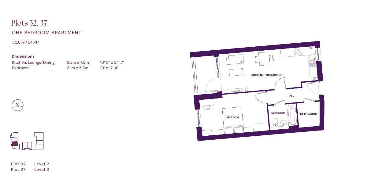 Quartoria One bedroom floor plan (plots 32, 37)
