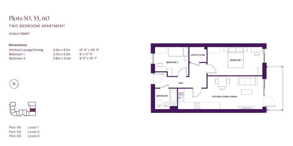 Quartoria two bedroom floor plan (plots 50, 55, 60)