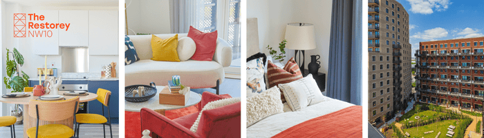 Image collage showing the kitchen, living room and bedroom of a show home as well as an exterior photo of the communal gardens.