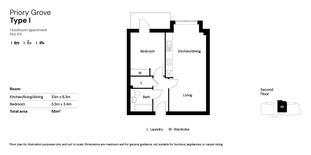 1 bed floor plans plot 101