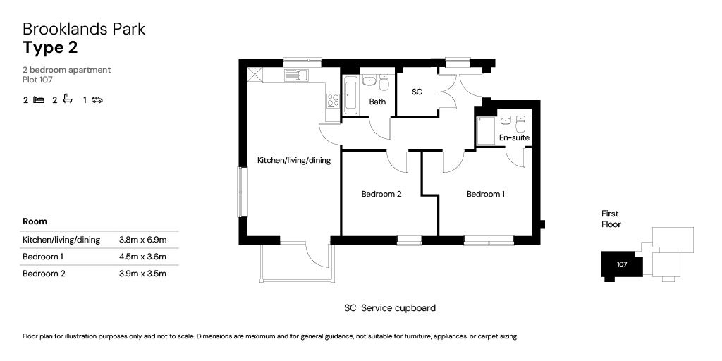 Brooklands Park 2 bed apartments floor plan - plot 107
