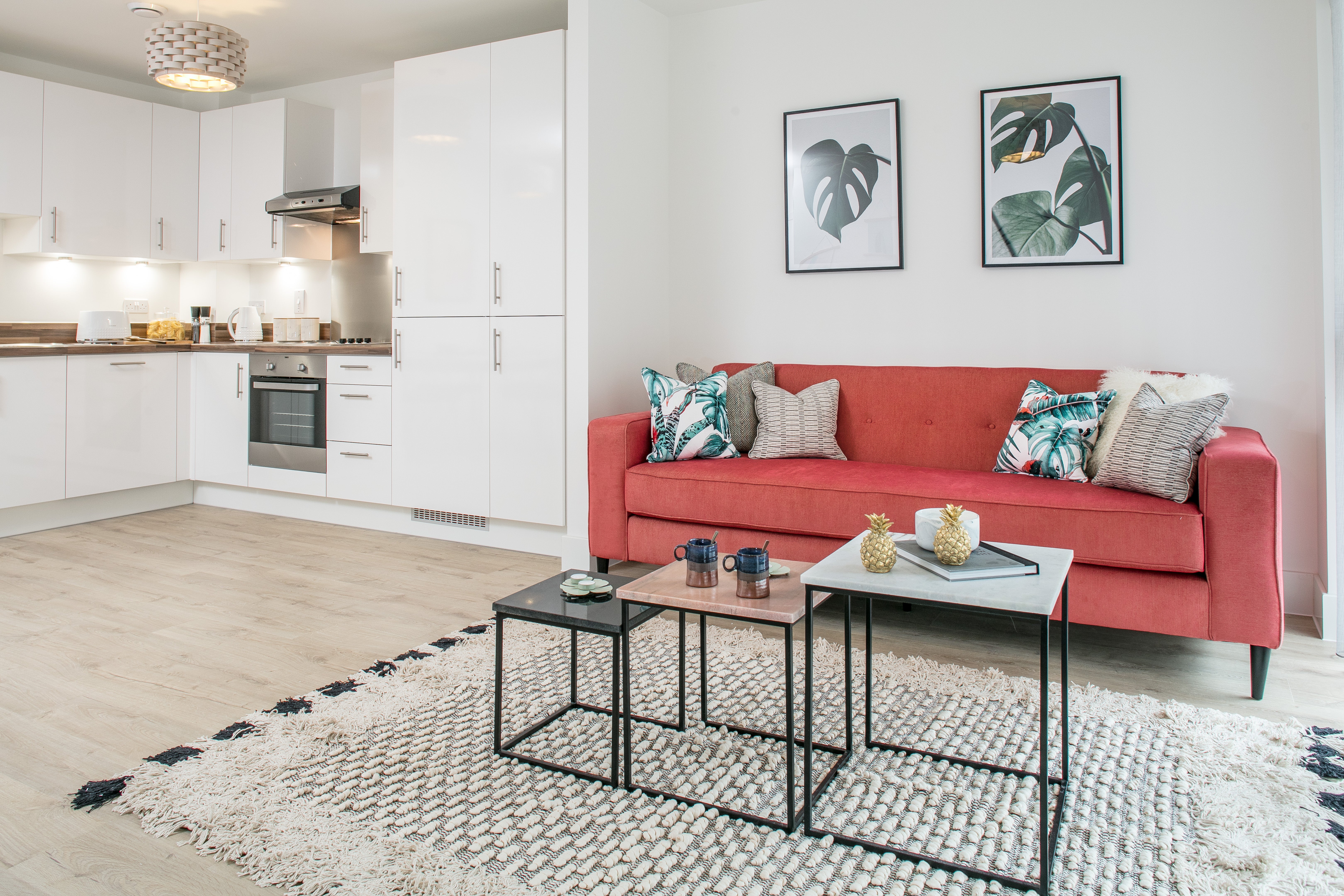Living room and kitchen area in Mortimer Court show apartment