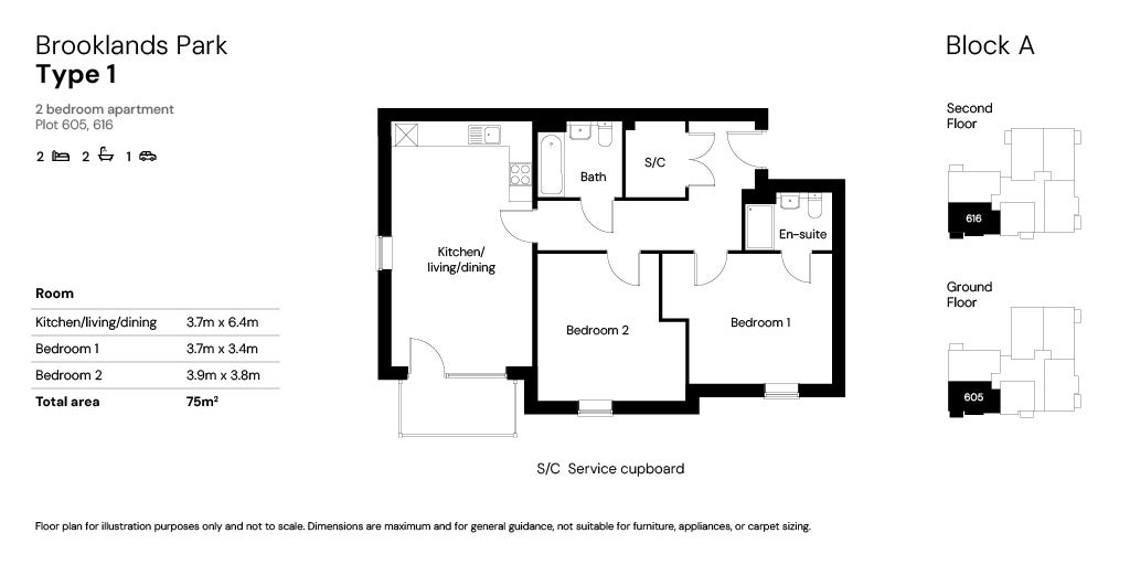 Brooklands Block A (Phase 5) 2 bed Floor plans plot 605 & 616