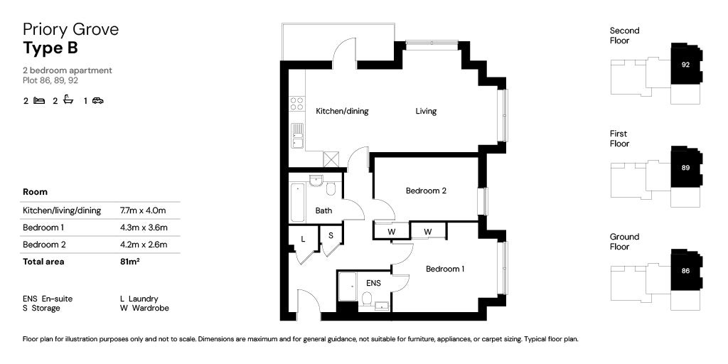 Priory Grove 2 bed floor plans plots 86, 89 & 92
