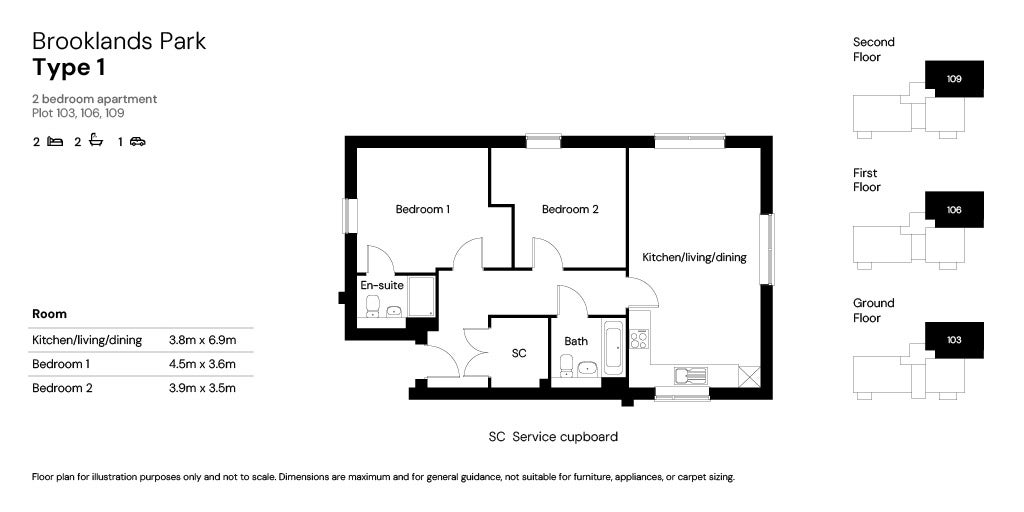 Brooklands Park 2 bed apartments floor plan - plots 103, 106 & 109