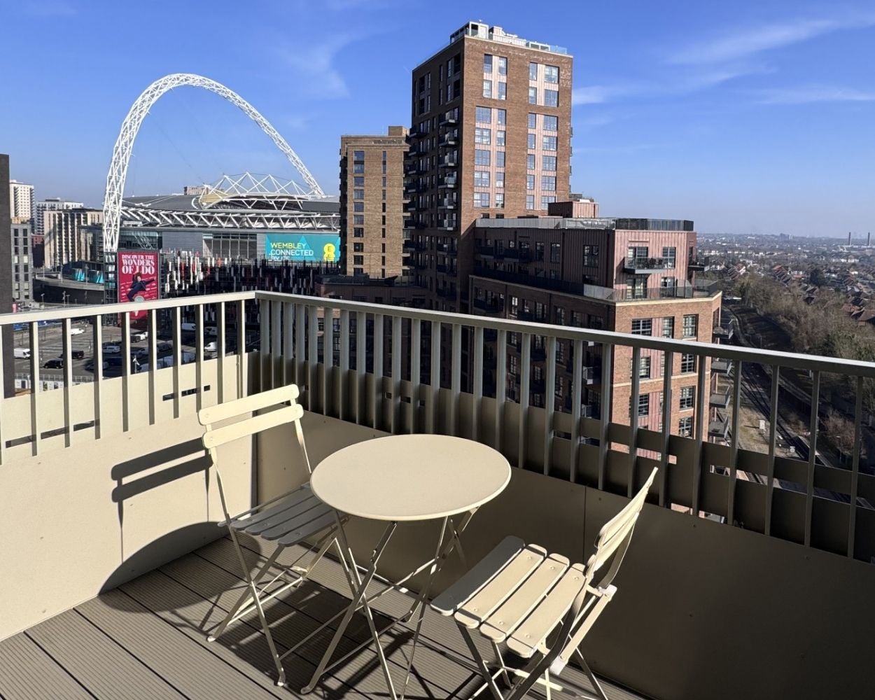 Photo of the balcony featuring a fantastic view over Wembley Stadium