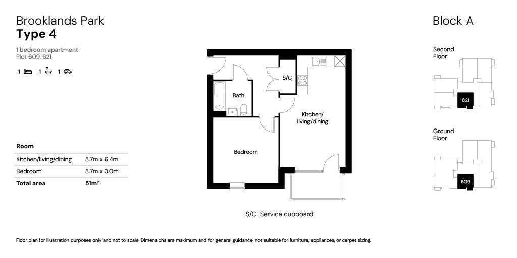 Brooklands Block A (Phase 5) 1 bed Floor plans plots 609 & 621
