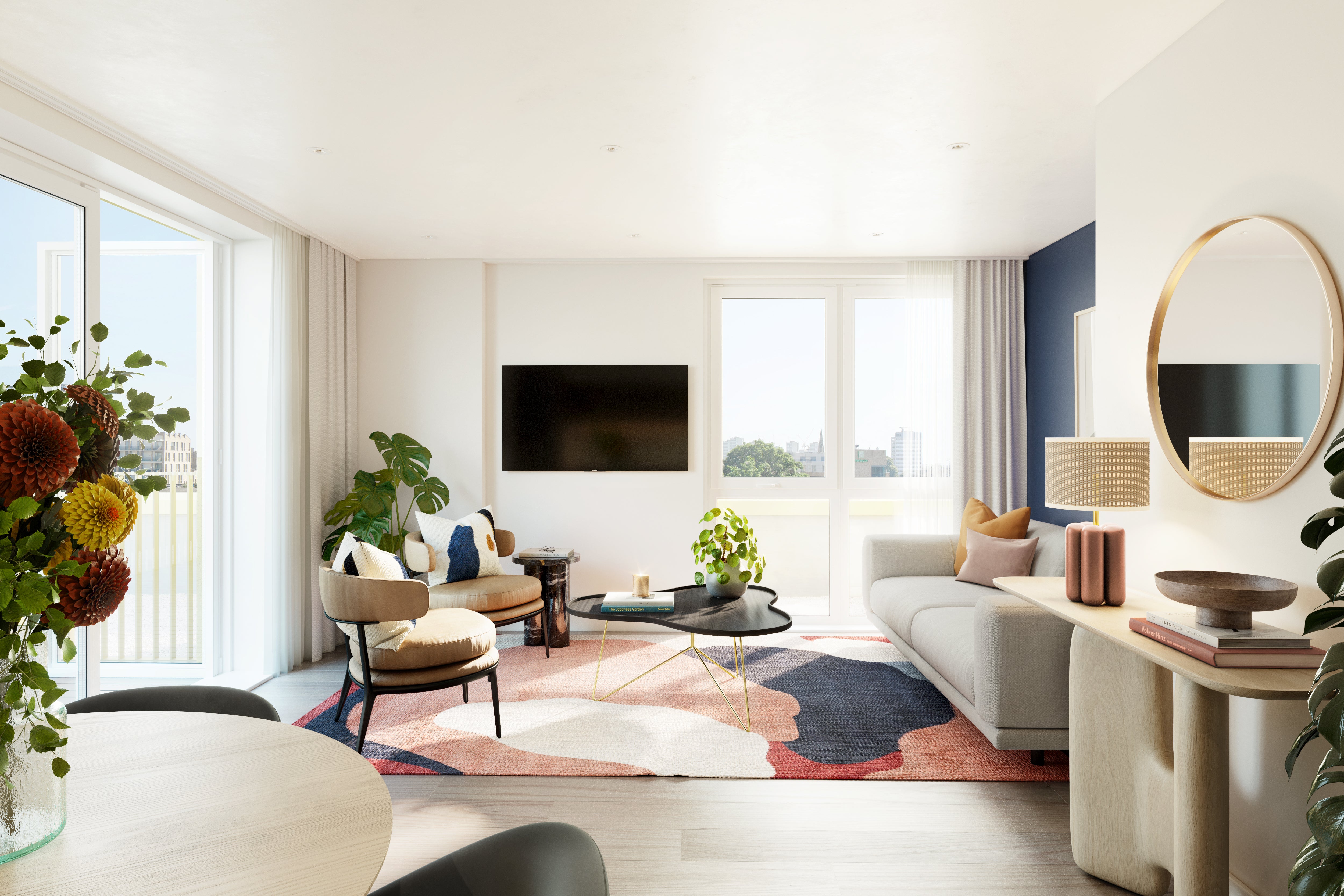 CGI of living room in Celestina Court apartment