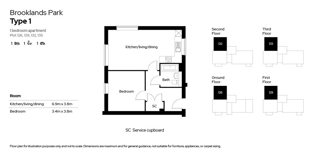 Brooklands Park 1 bed apartments floor plan - plots 126, 129, 132 & 135