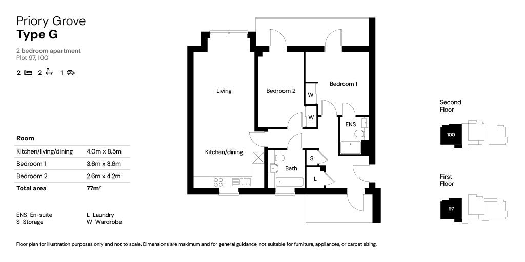 Priory Grove 2 bed floor plans plot 97 & 100
