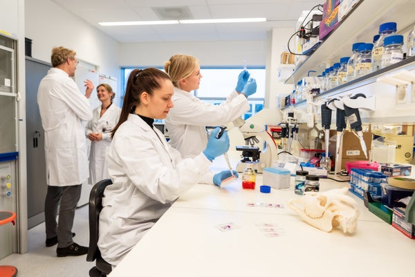 Lab met onderzoekers en biomateriaal