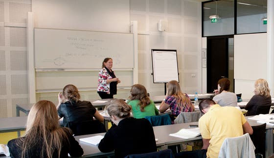 Docent geeft les in theorielokaal