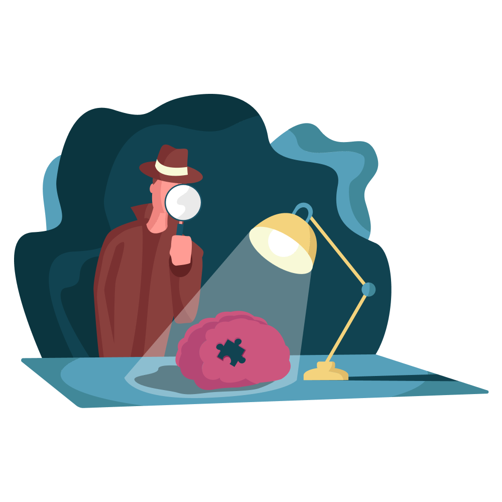 Tekening van een man die kijkt naar een vergrootglas naar iets onder een lamp