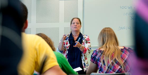 Docent geeft les in theoriezaal