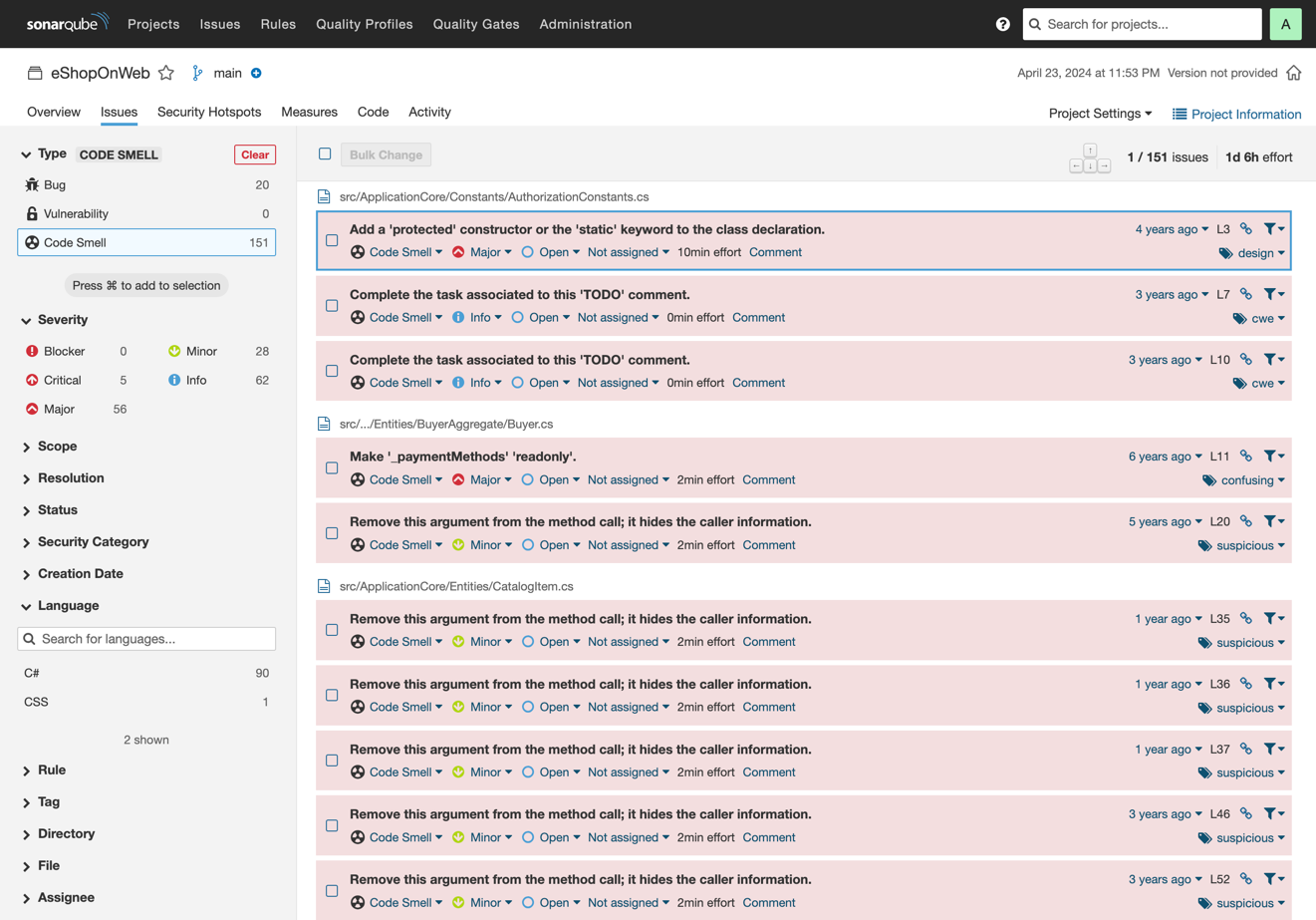 An image of a list of code smells from SonarQube's static code analysis tool. 