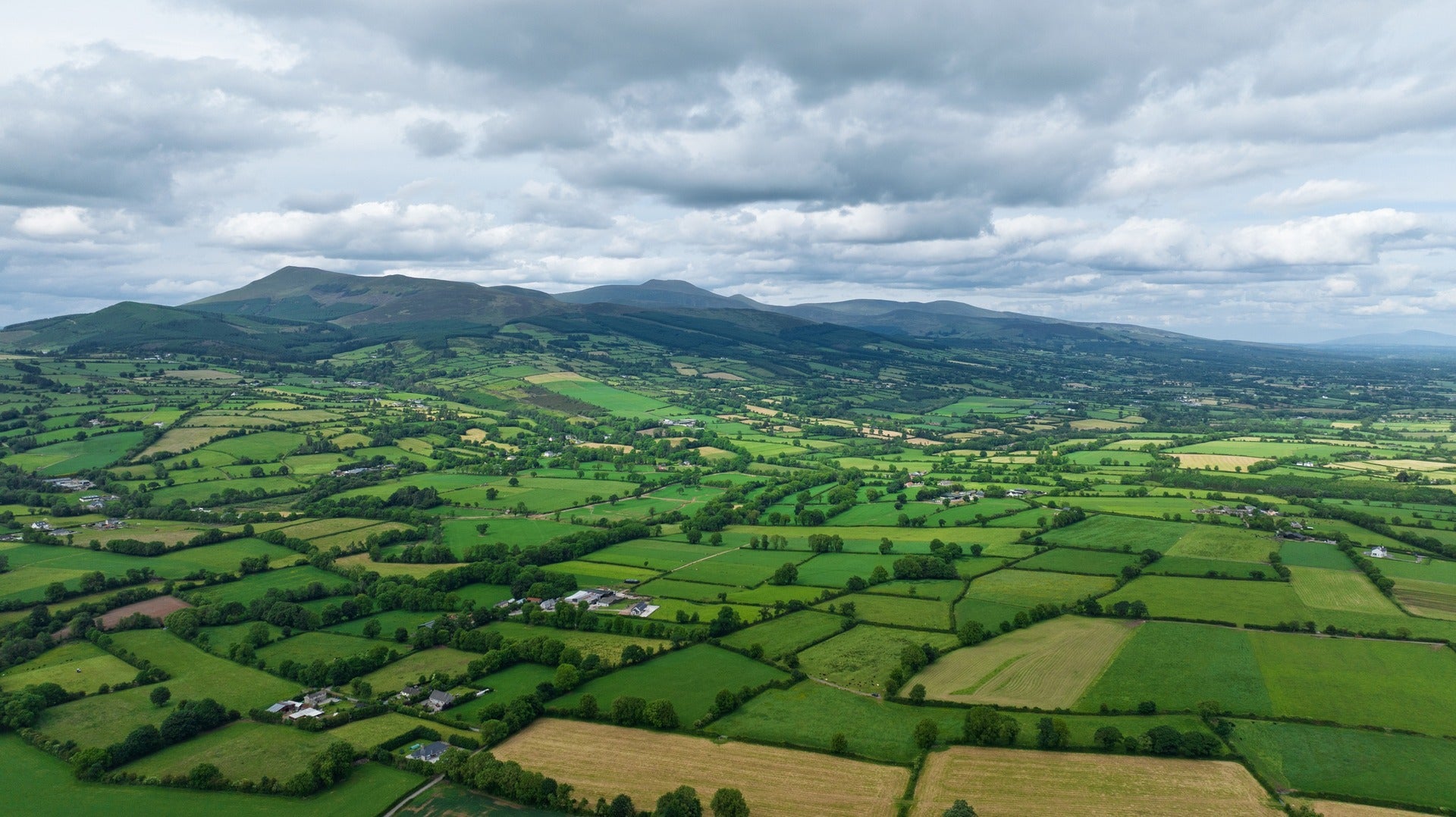 Aerial view of green patchwork farmland and mountains under a dramatic cloudy sky