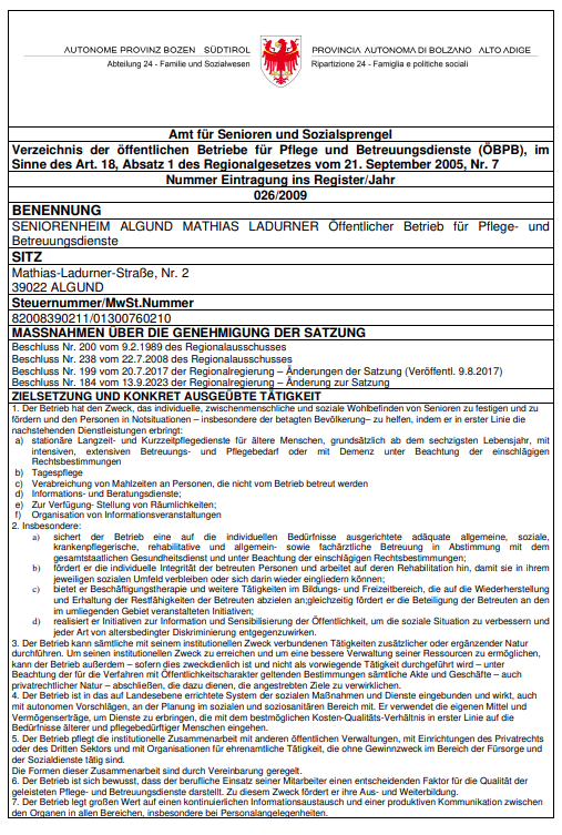 ALGUND: SENIORENHEIM ALGUND MATHIAS LADURNER Öffentlicher Betrieb für Pflege- und Betreuungsdienste"