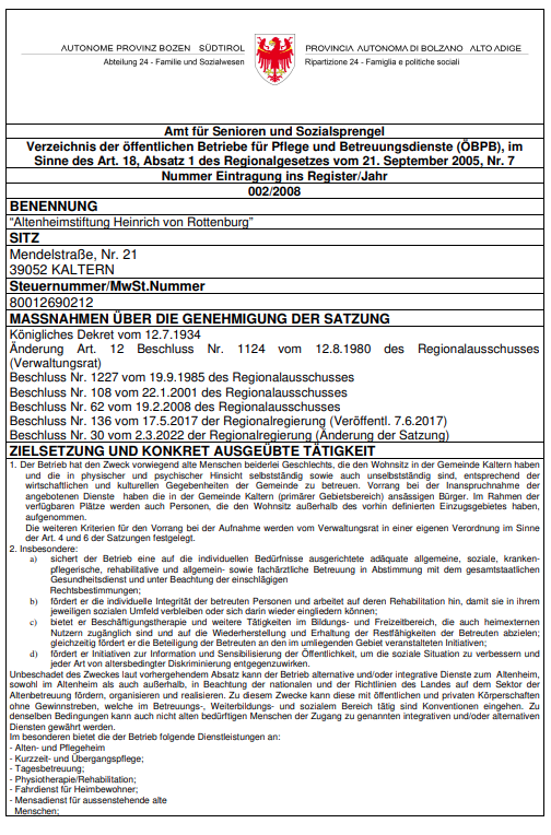 KALTERN: Altenheimstiftung Heinrich von Rottenburg"