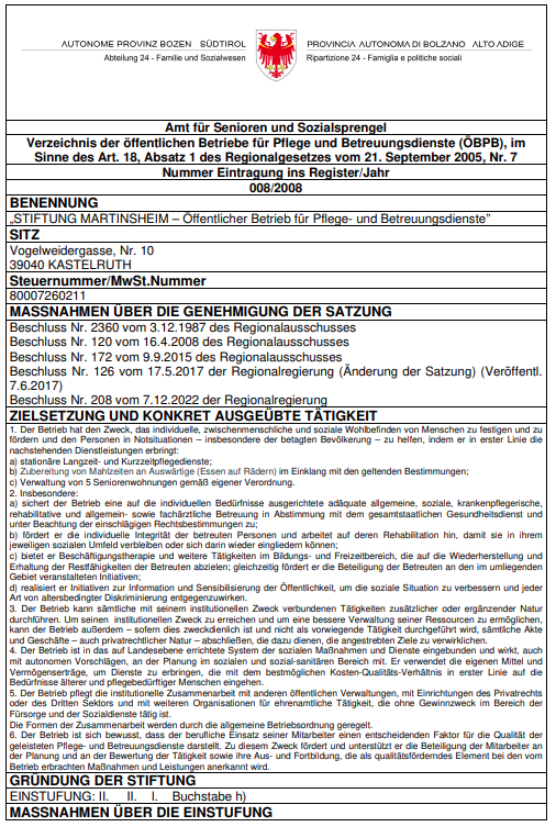 KASTELRUTH: STIFTUNG MARTINSHEIM - Öffentlicher Betrieb für Pflege- und Betreuungsdienste"