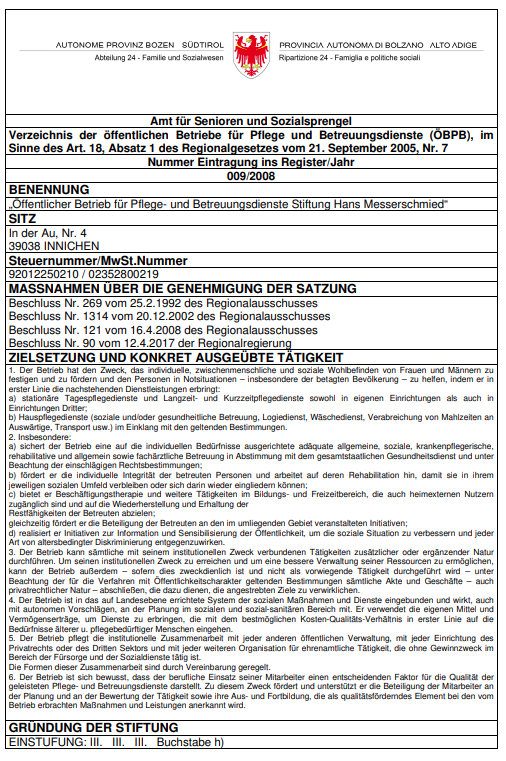 INNICHEN: Öffentlicher Betrieb für Pflege- und Betreuungsdienste Stiftung Hans Messerschmied"