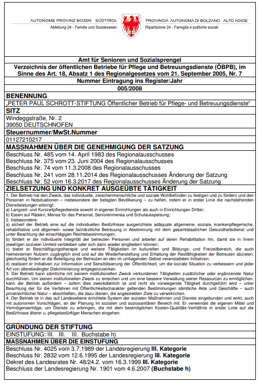 DEUTSCHNOFEN: PETER PAUL SCHROTT-STIFTUNG Öffentlicher Betrieb für Pflege- und Betreuungsdienste"