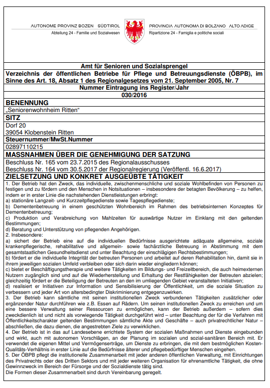 KLOBENSTEIN/RITTEN: Öffentlicher Betrieb für Pflege- und Betreuungsdienste Seniorenwohnheim Ritten"